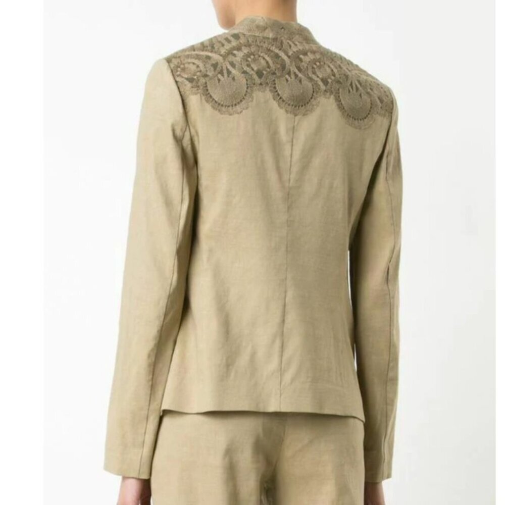 Kobi Halperin Embroidered Linen Blazer Womens XS Tan Open Front Lace Jacket